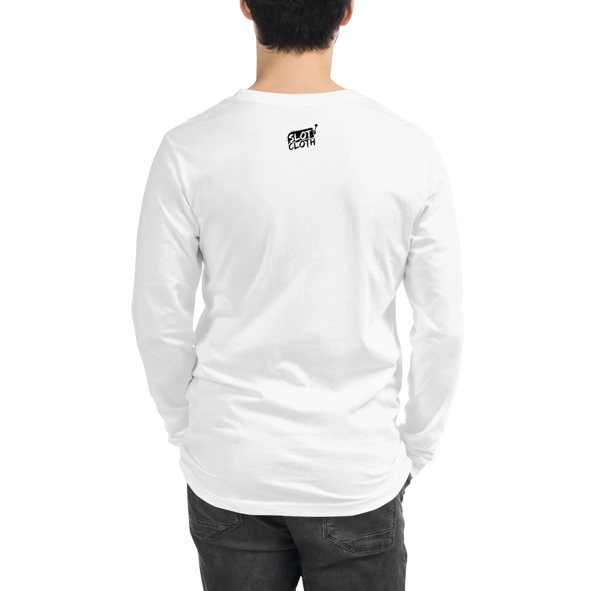 White long sleeve shirt with Slot Cloth logo on back, quirky slot-themed apparel for players