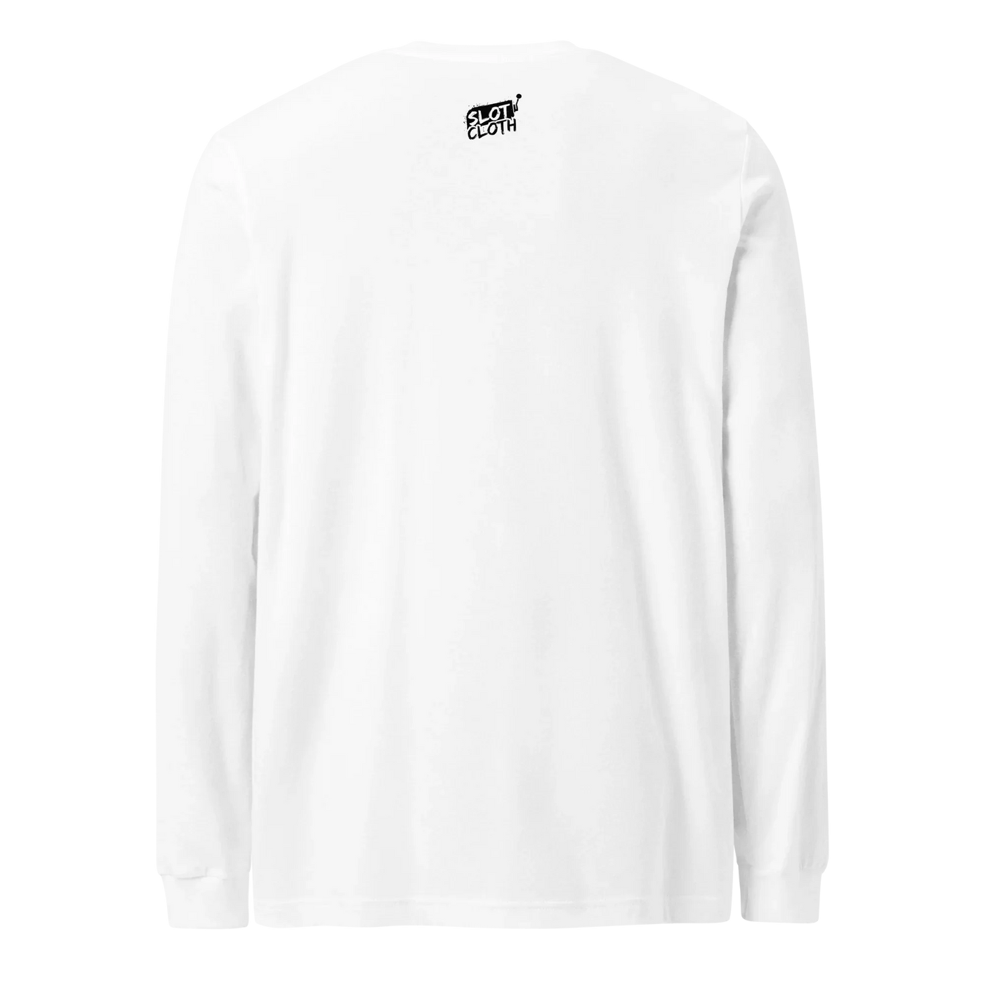 White long sleeve t-shirt with small Slot Cloth logo on back, quirky slot-themed apparel