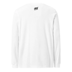 White long sleeve t-shirt with small Slot Cloth logo on back, quirky slot-themed apparel