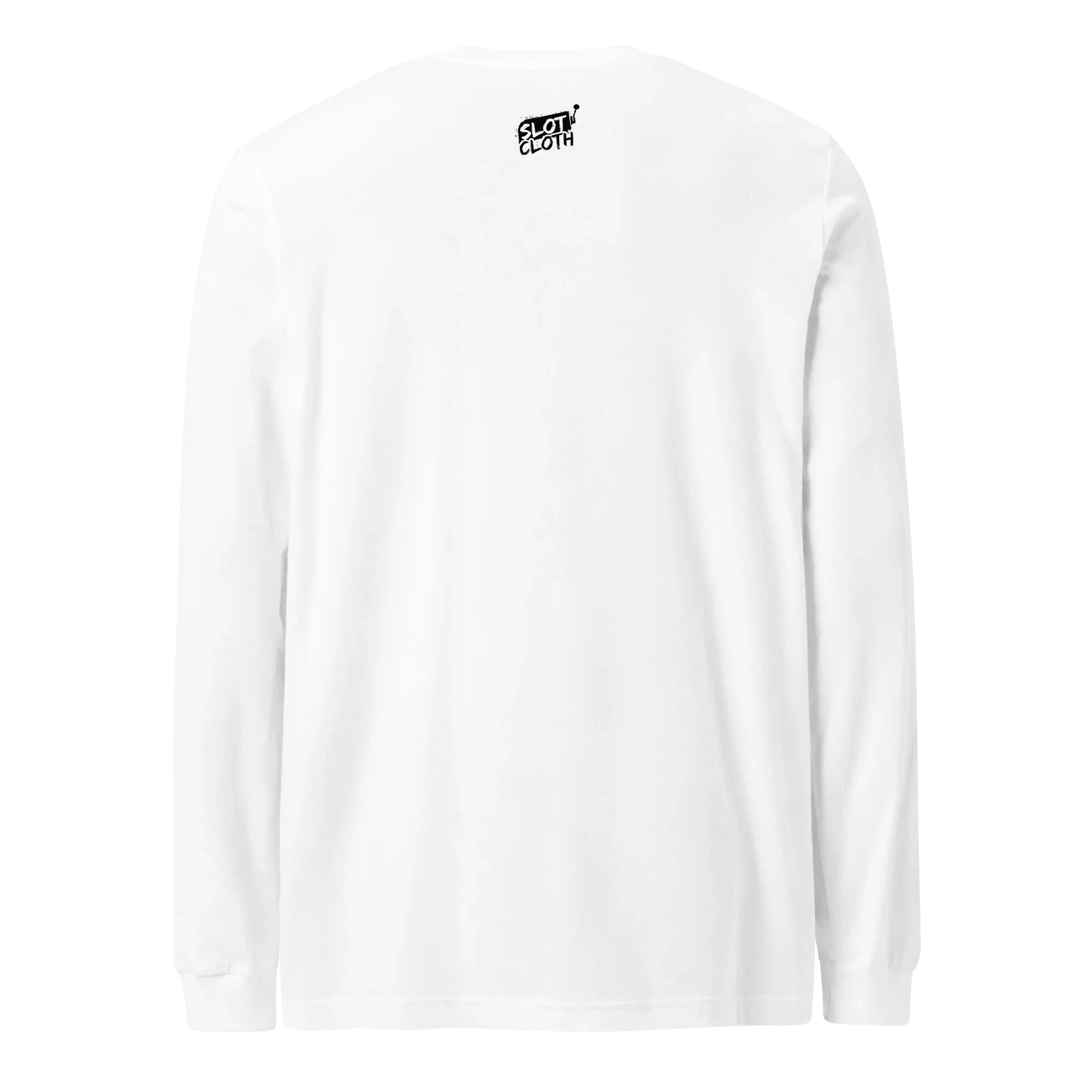White long sleeve t-shirt with small Slot Cloth logo on back, quirky slot-themed apparel