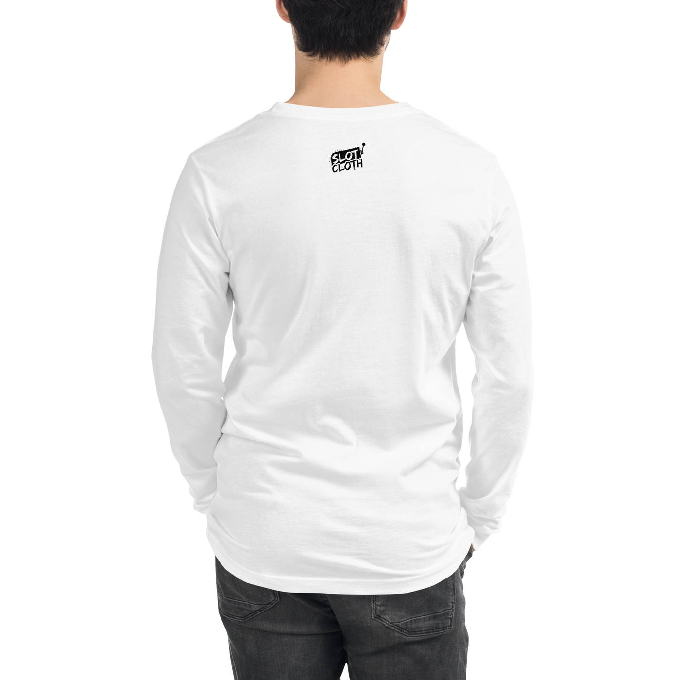 White long sleeve shirt with Slot Cloth logo on back, quirky slot-themed apparel for players