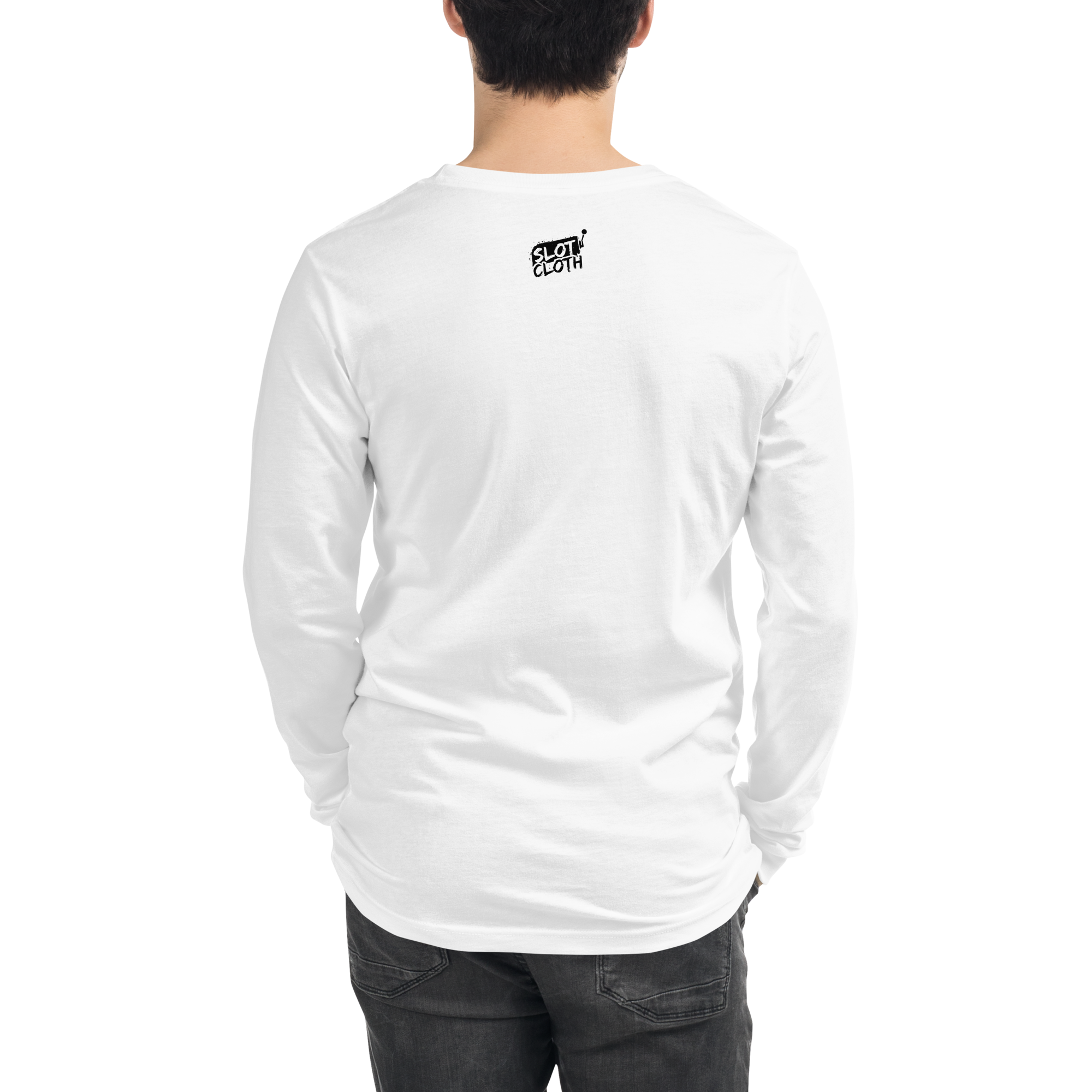White long sleeve shirt with Slot Cloth logo on back, quirky slot-themed apparel for players