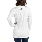 White long sleeve t-shirt with small Slot Cloth logo on back, worn by woman with hand on hip