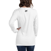 White long sleeve t-shirt with small Slot Cloth logo on back, worn by woman with hand on hip