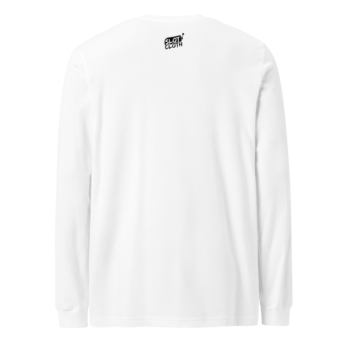 White long sleeve t-shirt with small Slot Cloth logo on back, minimalist design for casual wear
