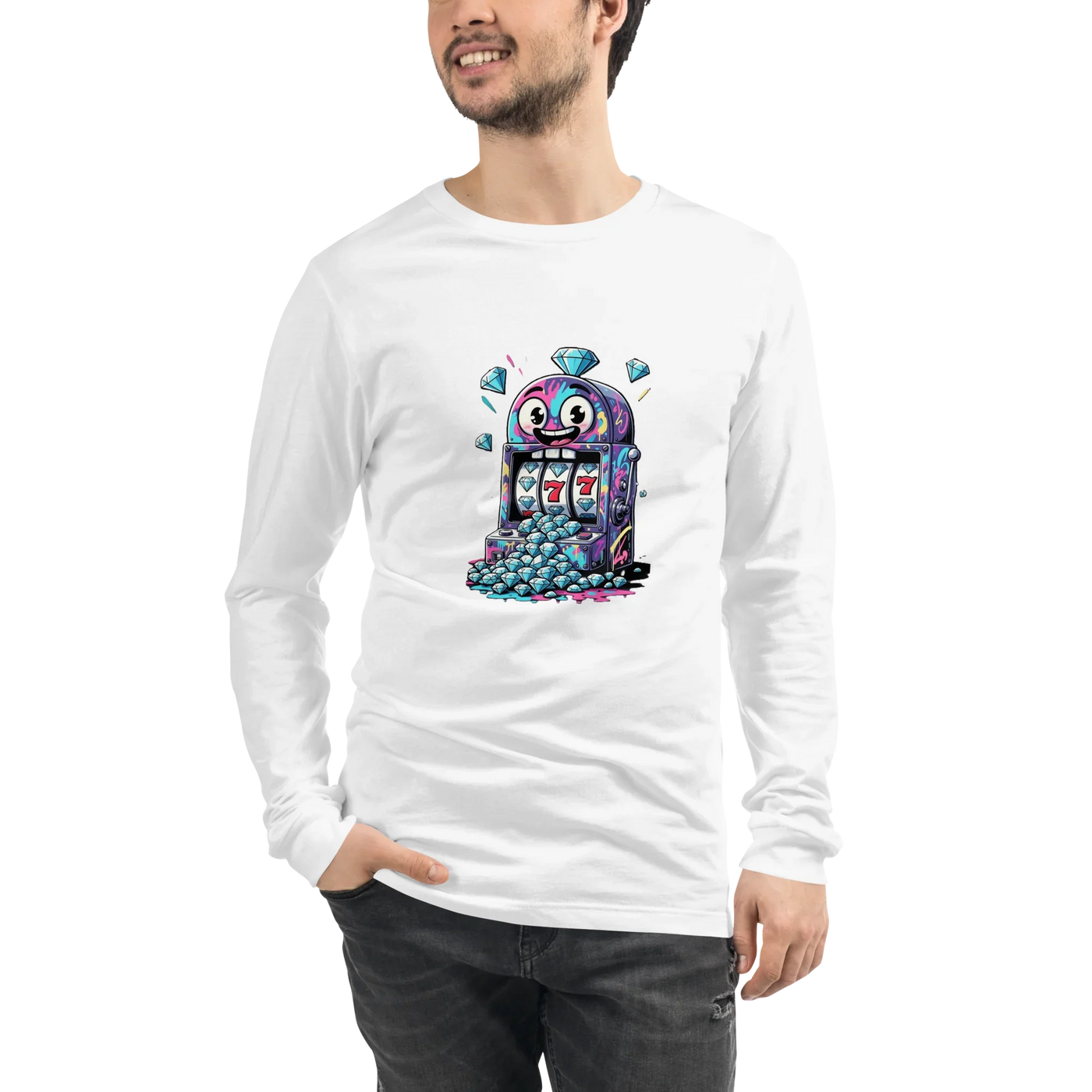 White long-sleeve shirt with colorful slot machine graphic featuring lucky 7s and diamonds