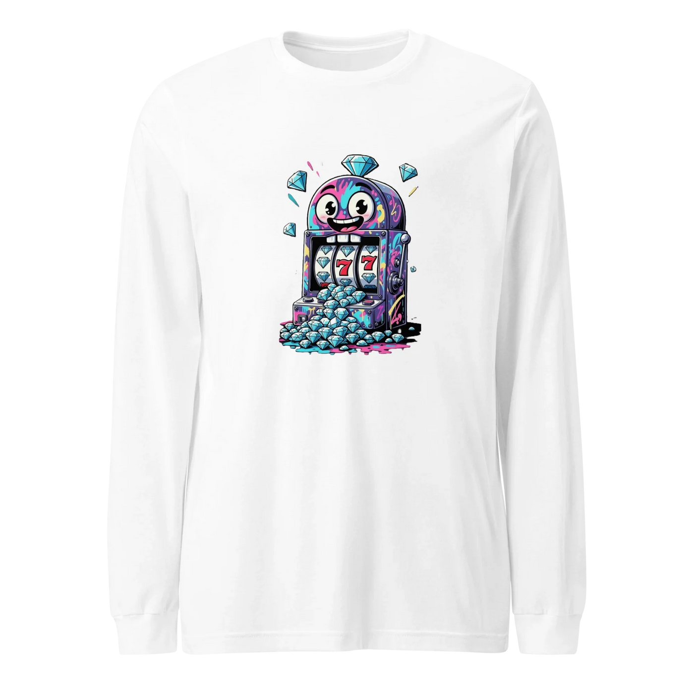White long-sleeve shirt with colorful slot machine graphic featuring lucky 7s and diamonds