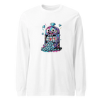 White long-sleeve shirt with colorful slot machine graphic featuring lucky 7s and diamonds