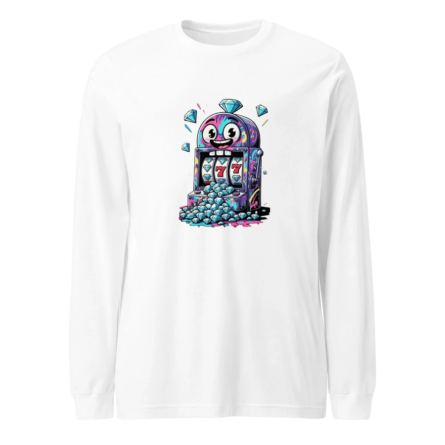 White long-sleeve shirt with colorful slot machine graphic featuring lucky 7s and diamonds