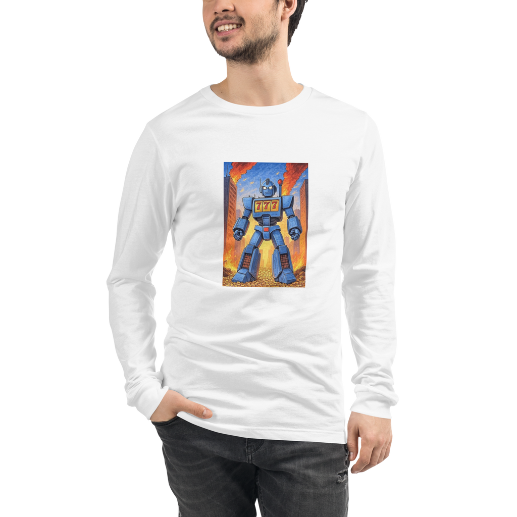 Man wearing white long sleeve shirt with blue robot and 777 slot machine graphic design