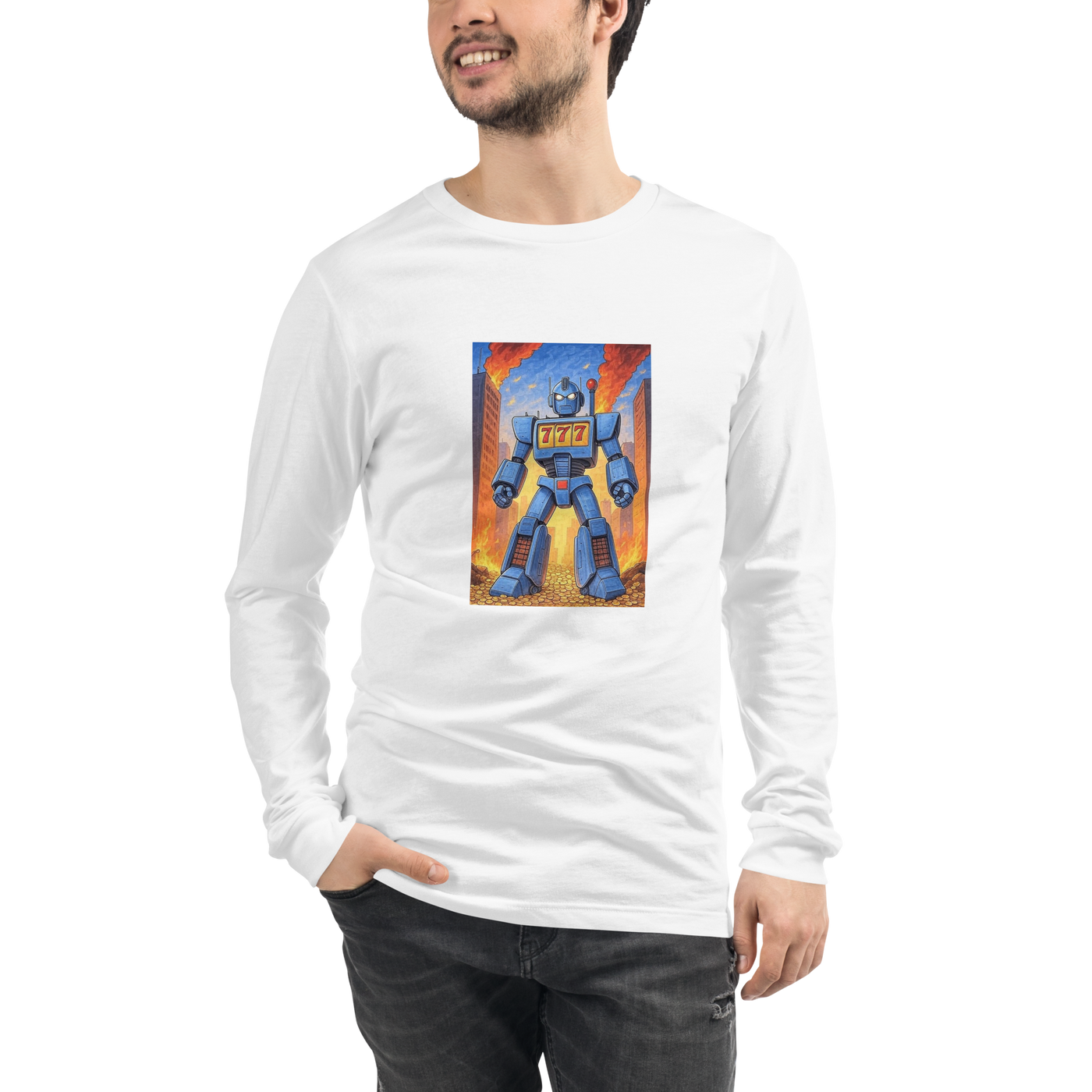 Man wearing white long sleeve shirt with blue robot and 777 slot machine graphic design