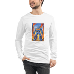 Man wearing white long sleeve shirt with blue robot and 777 slot machine graphic design