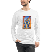 Man wearing white long sleeve shirt with blue robot and 777 slot machine graphic design