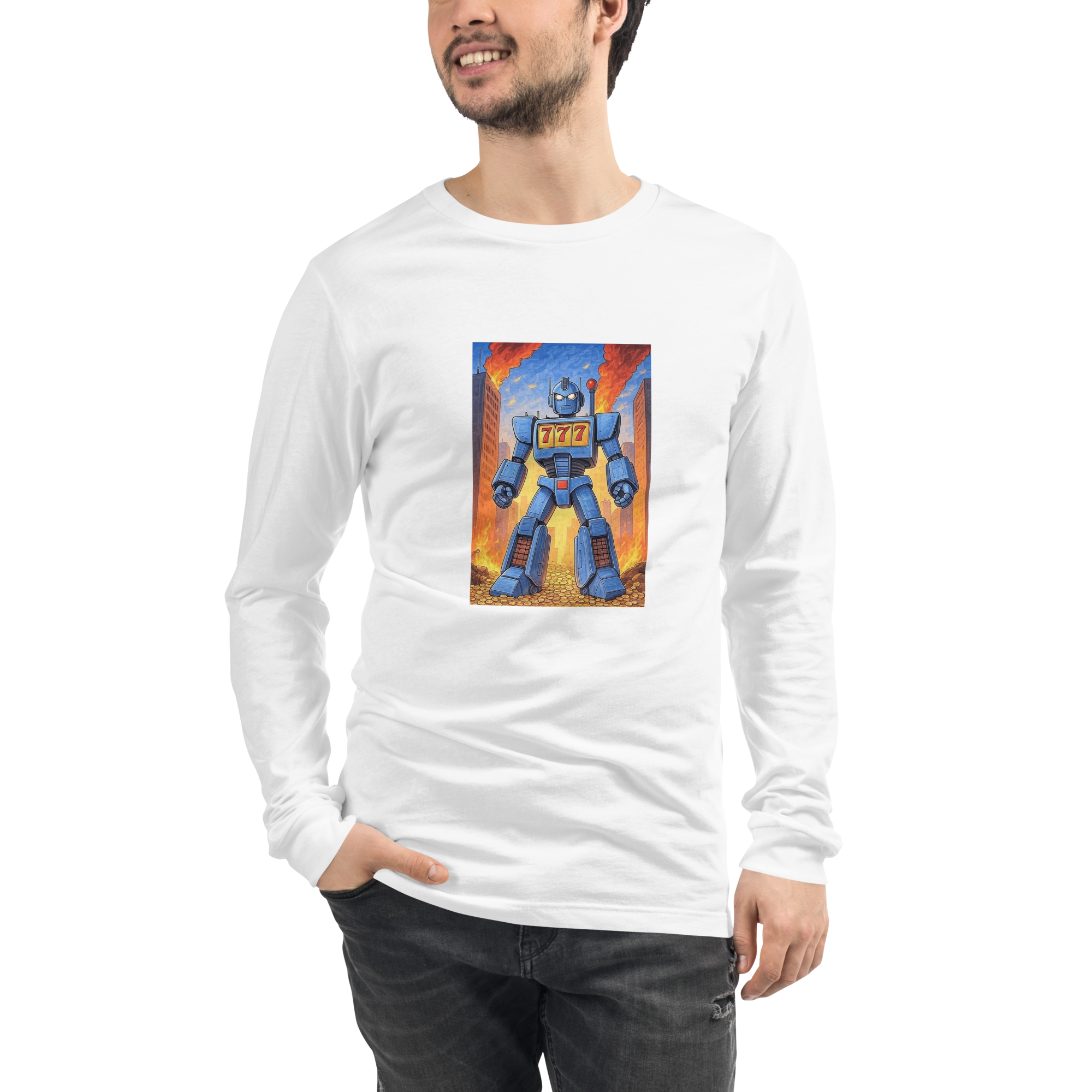 Man wearing white long sleeve shirt with blue robot and 777 slot machine graphic design