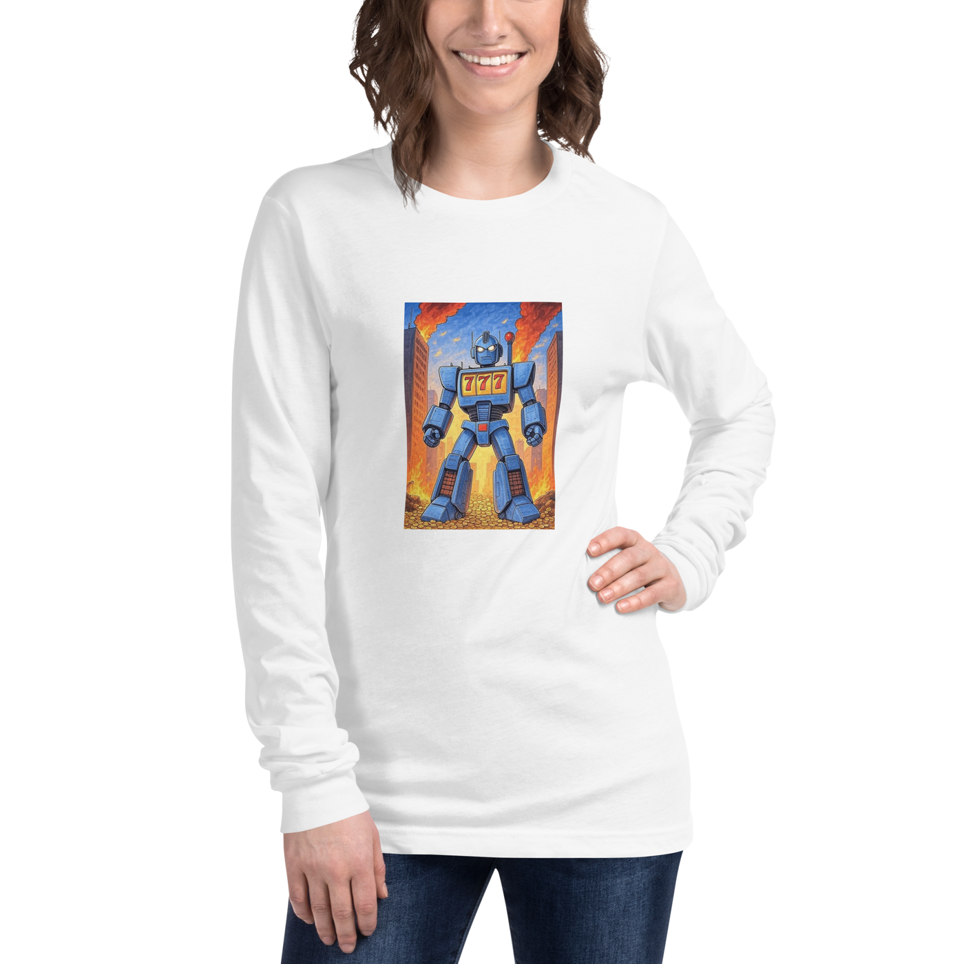 White long sleeve shirt with blue robot graphic featuring 777 slot machine design, perfect for casino enthusiasts
