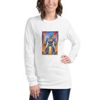 White long sleeve shirt with blue robot graphic featuring 777 slot machine design, perfect for casino enthusiasts