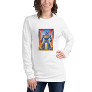 White long sleeve shirt with blue robot graphic featuring 777 slot machine design, perfect for casino enthusiasts