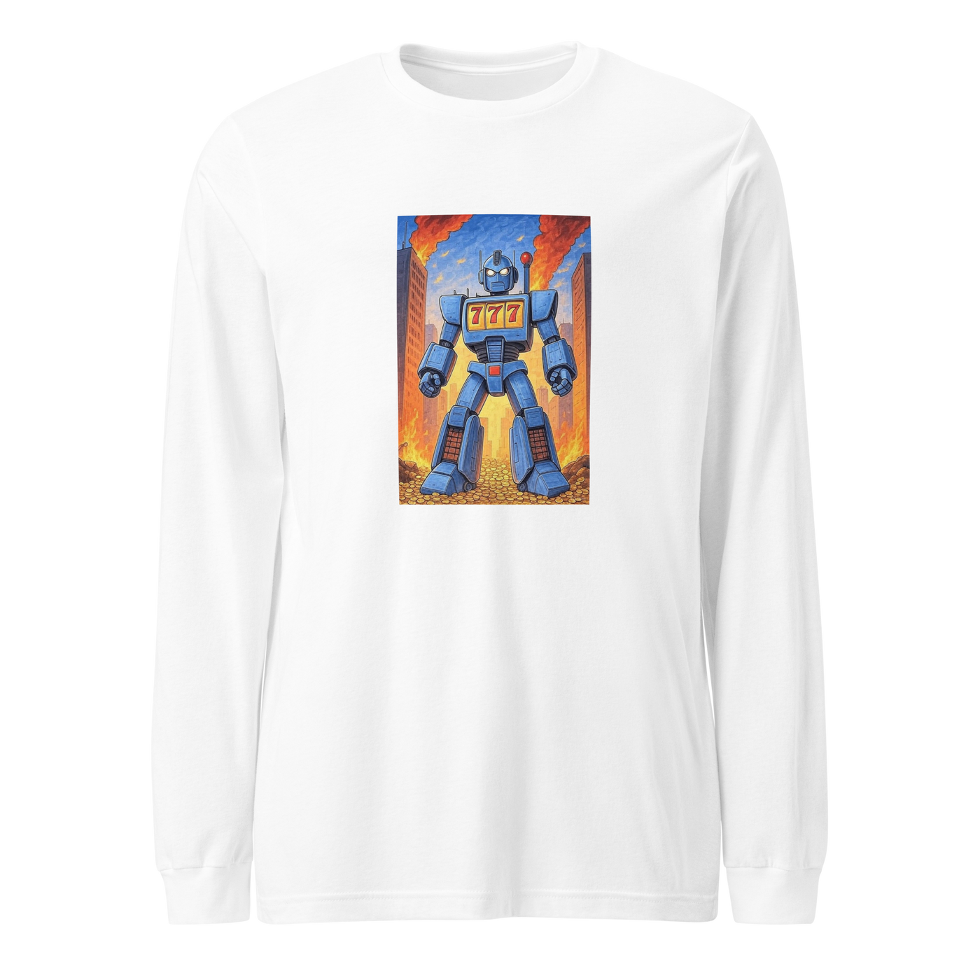 White long sleeve shirt featuring a blue robot with 777 slot machine display, standing on gold coins against a fiery city backdrop