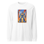 White long sleeve shirt featuring a blue robot with 777 slot machine display, standing on gold coins against a fiery city backdrop