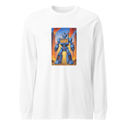 White long sleeve shirt featuring a blue robot with 777 slot machine display, standing on gold coins against a fiery city backdrop