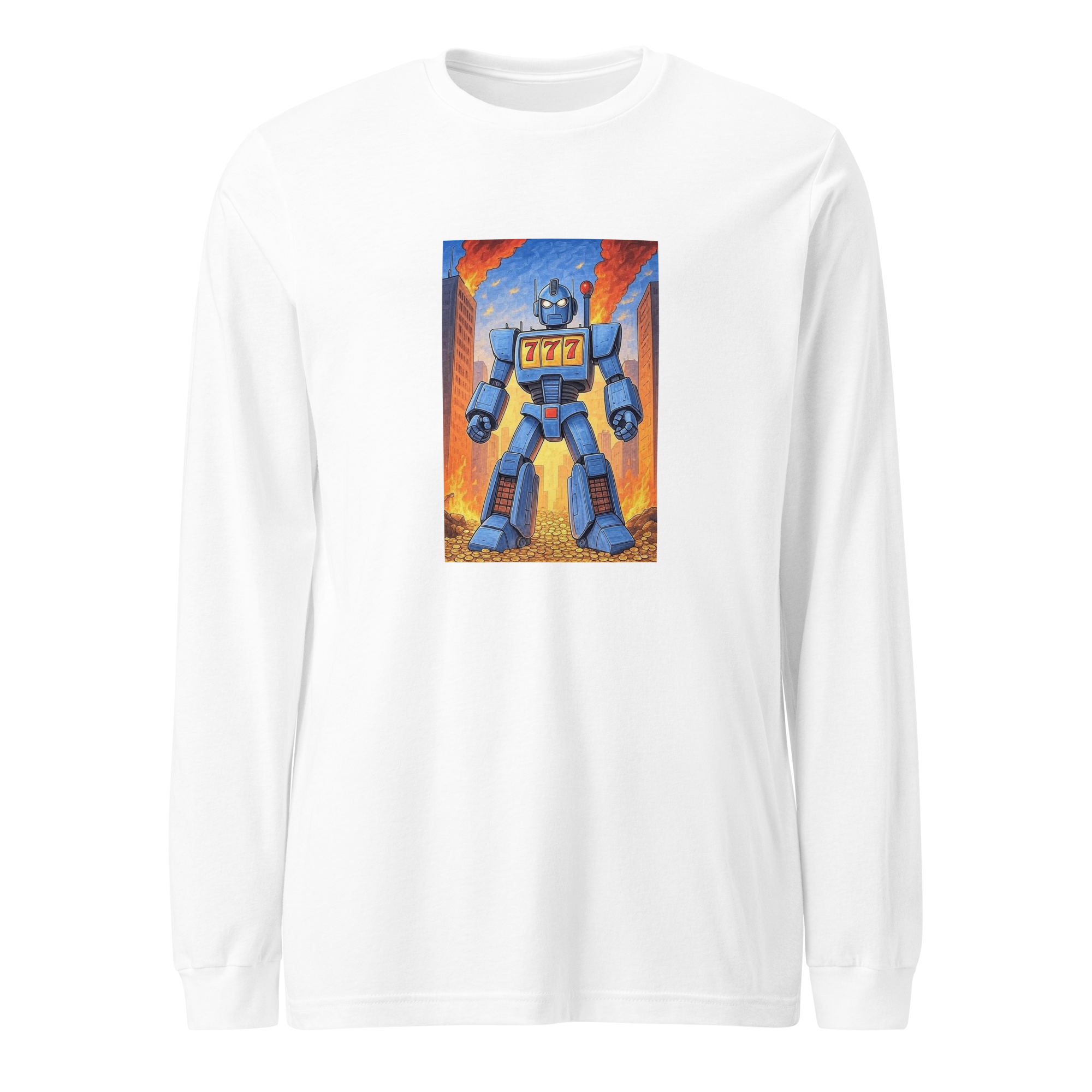 White long sleeve shirt featuring a blue robot with 777 slot machine display, standing on gold coins against a fiery city backdrop