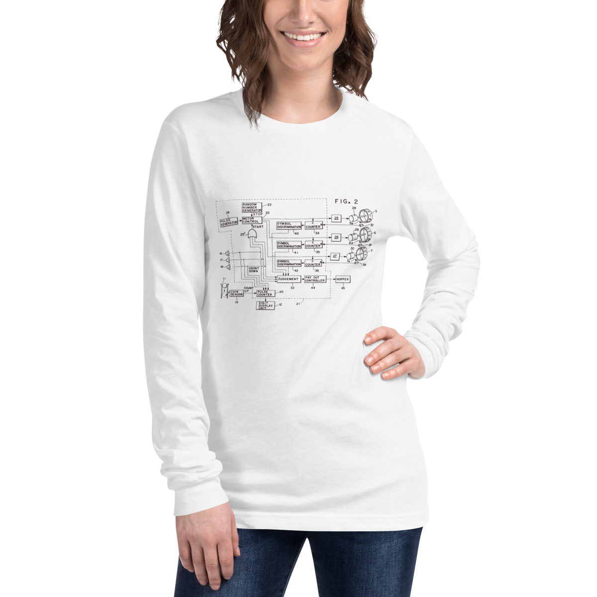 White long sleeve shirt with slot machine patent diagram design, quirky gaming apparel for players