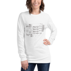 White long sleeve shirt with slot machine patent diagram design, quirky gaming apparel for players