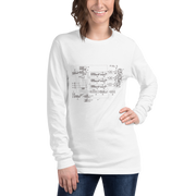 White long sleeve shirt with slot machine patent diagram design, quirky gaming apparel for players