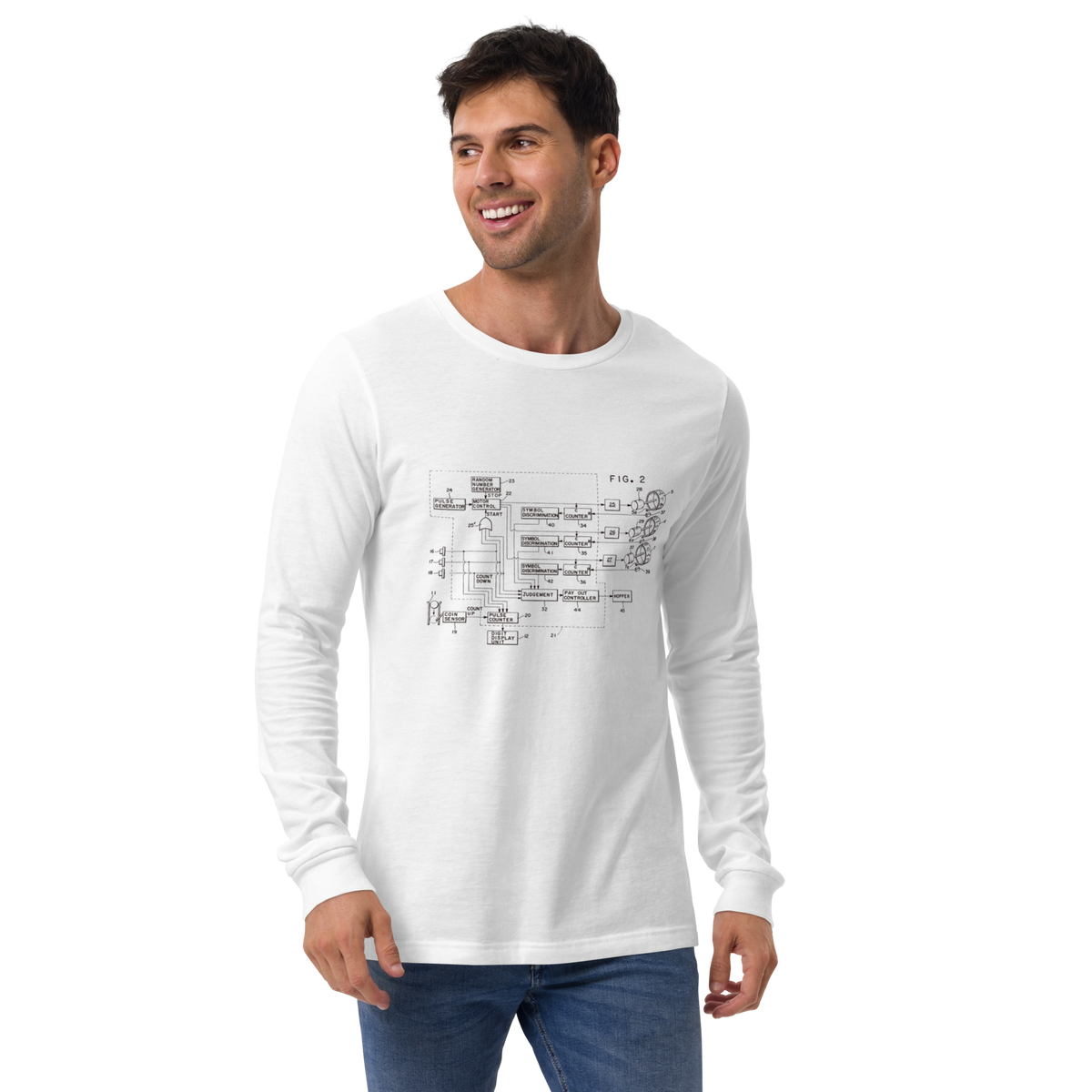 Man wearing white long-sleeve shirt with slot machine schematic design, quirky gaming apparel