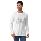 Man wearing white long-sleeve shirt with slot machine schematic design, quirky gaming apparel