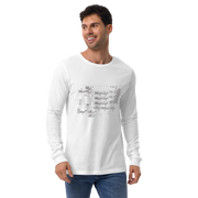 Man wearing white long-sleeve shirt with slot machine schematic design, quirky gaming apparel