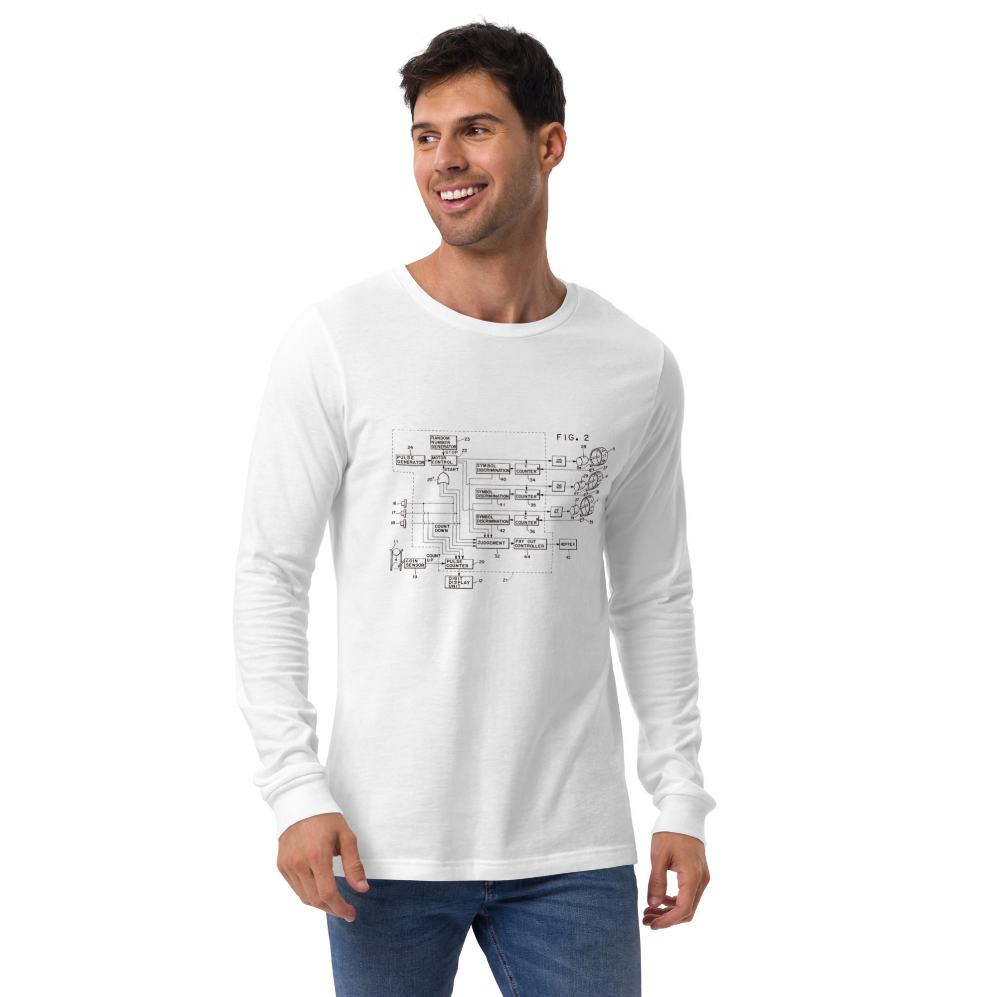 Man wearing white long-sleeve shirt with slot machine schematic design, quirky gaming apparel