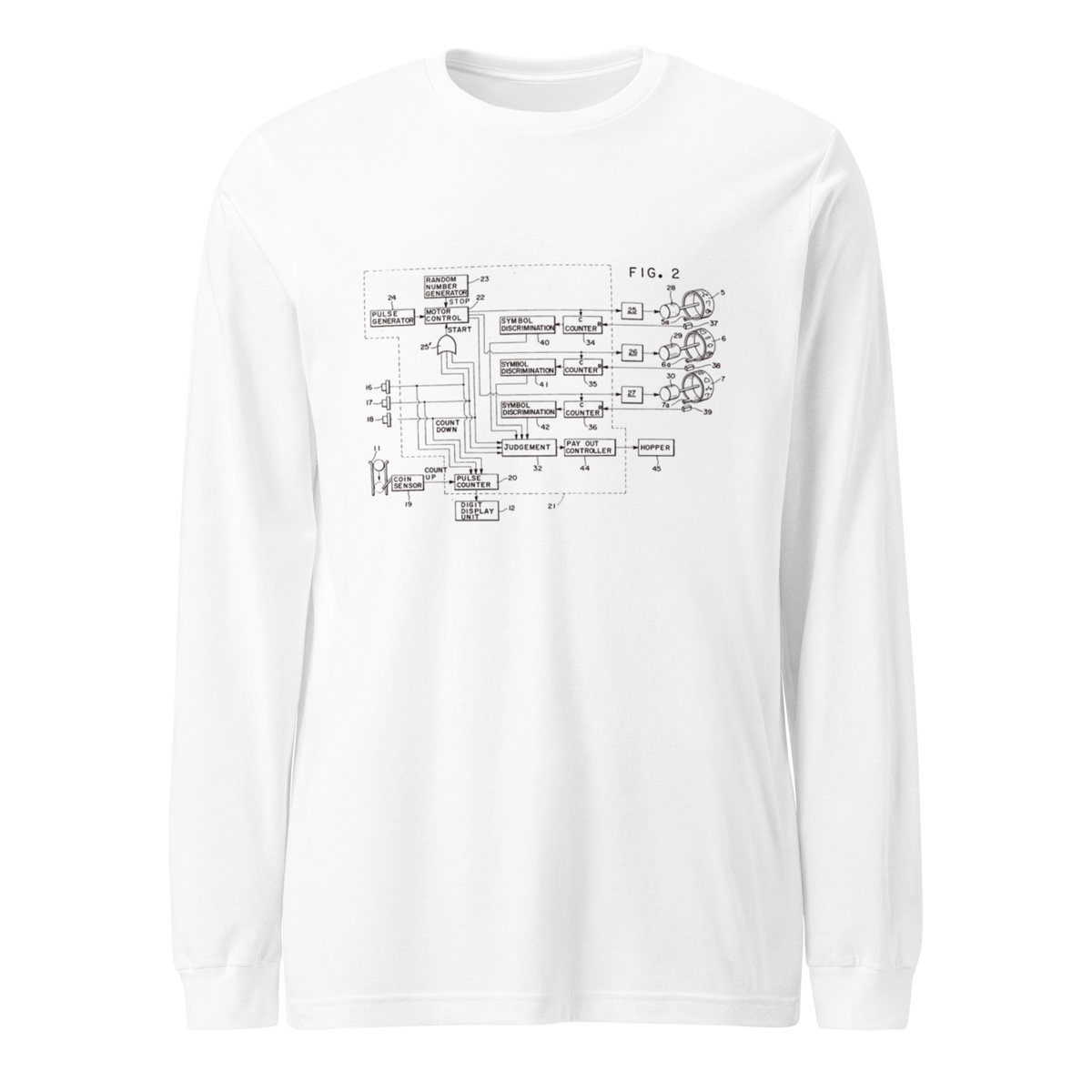 White long sleeve shirt with vintage slot machine circuit diagram print, quirky gaming apparel for players