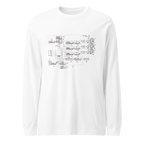 White long sleeve shirt with vintage slot machine circuit diagram print, quirky gaming apparel for players