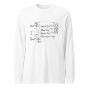 White long sleeve shirt with vintage slot machine circuit diagram print, quirky gaming apparel for players