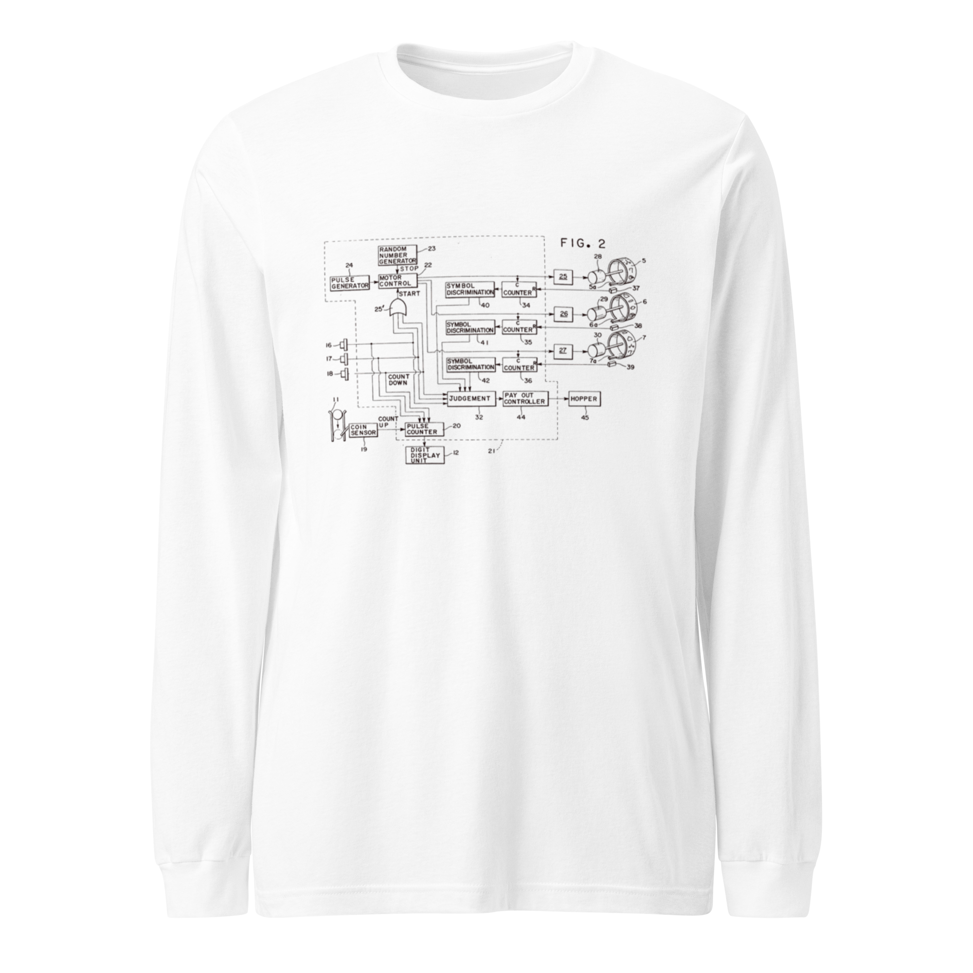 White long sleeve shirt with vintage slot machine circuit diagram print, quirky gaming apparel for players