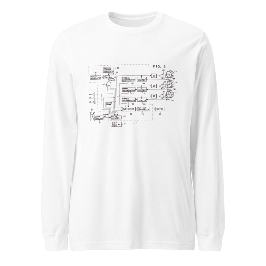 White long sleeve shirt with vintage slot machine circuit diagram print, quirky gaming apparel for players