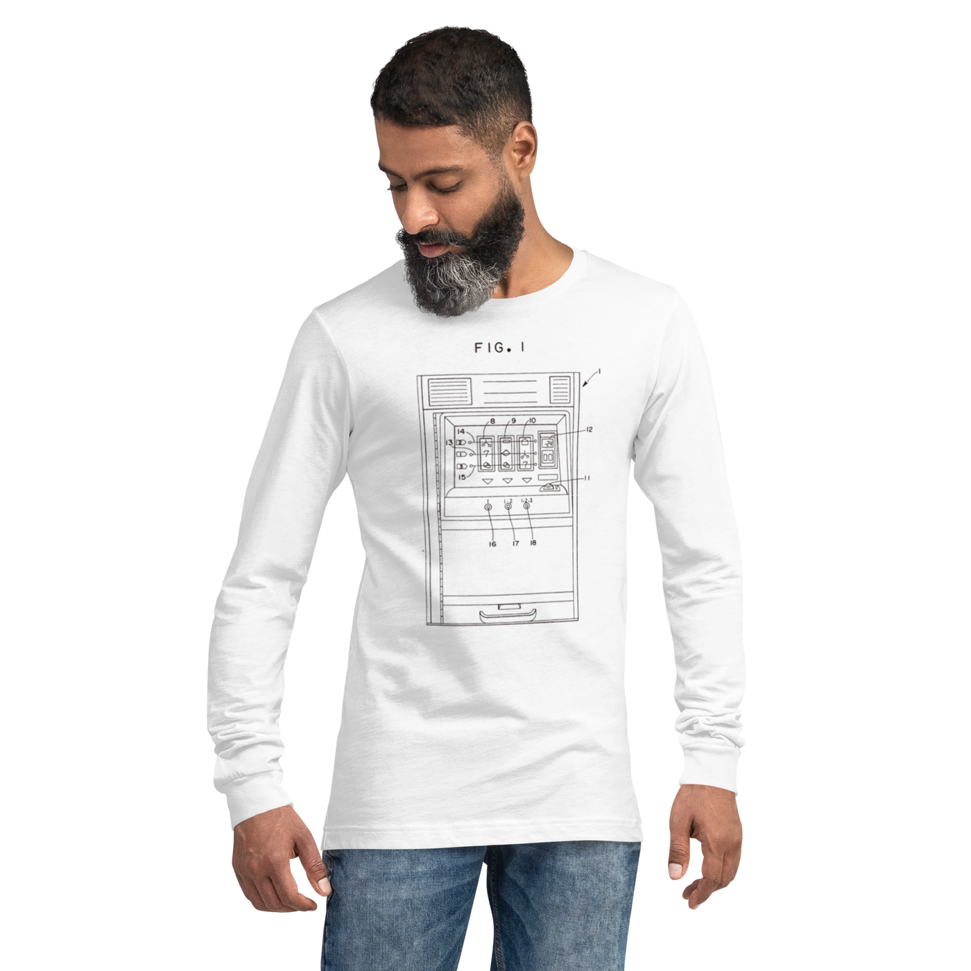 Man wearing white long-sleeve shirt with slot machine diagram design, quirky gaming apparel