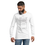 Man wearing white long-sleeve shirt with slot machine diagram design, quirky gaming apparel