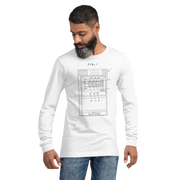 Man wearing white long-sleeve shirt with slot machine diagram design, quirky gaming apparel