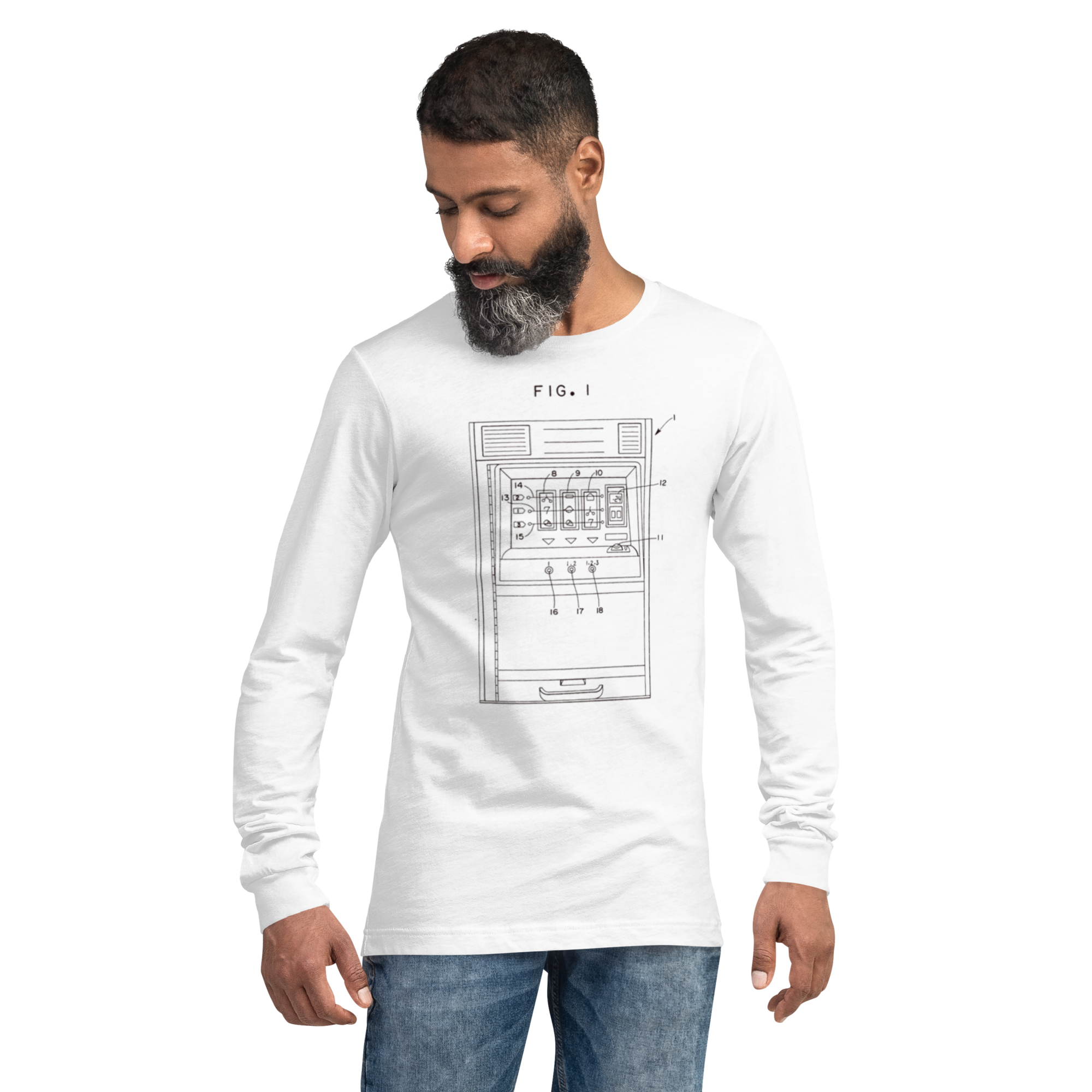Man wearing white long-sleeve shirt with slot machine diagram design, quirky gaming apparel