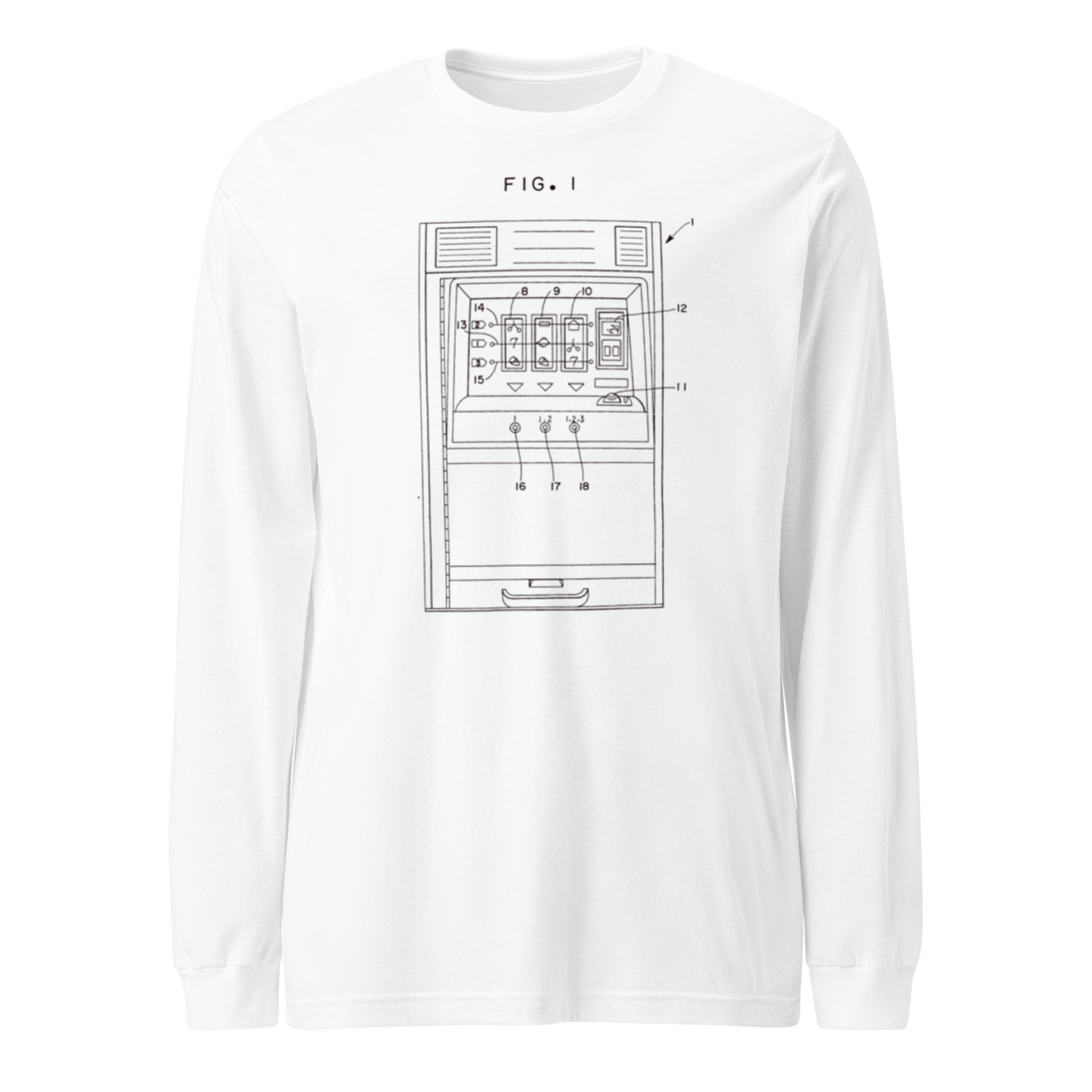White long-sleeve shirt with slot machine diagram design, quirky gaming apparel for players