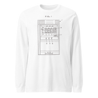 White long-sleeve shirt with slot machine diagram design, quirky gaming apparel for players