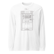 White long-sleeve shirt with slot machine diagram design, quirky gaming apparel for players