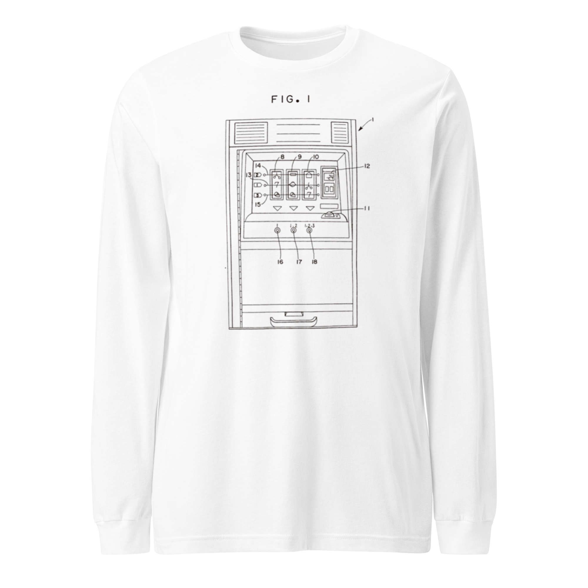 White long-sleeve shirt with slot machine diagram design, quirky gaming apparel for players