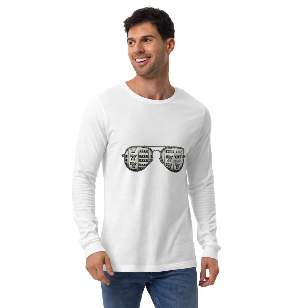 Man wearing white long-sleeve shirt with slot machine sunglasses graphic, perfect for casino lovers and players.
