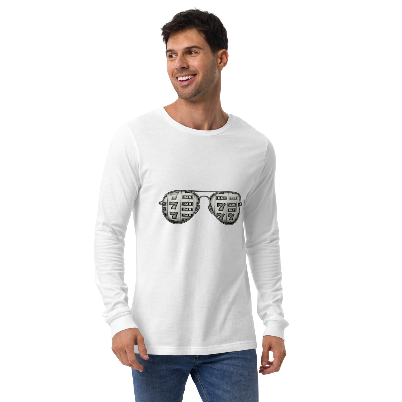 Man wearing white long-sleeve shirt with slot machine sunglasses graphic, perfect for casino lovers and players.