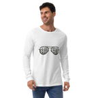 Man wearing white long-sleeve shirt with slot machine sunglasses graphic, perfect for casino lovers and players.