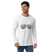 Man wearing white long-sleeve shirt with slot machine sunglasses graphic, perfect for casino lovers and players.