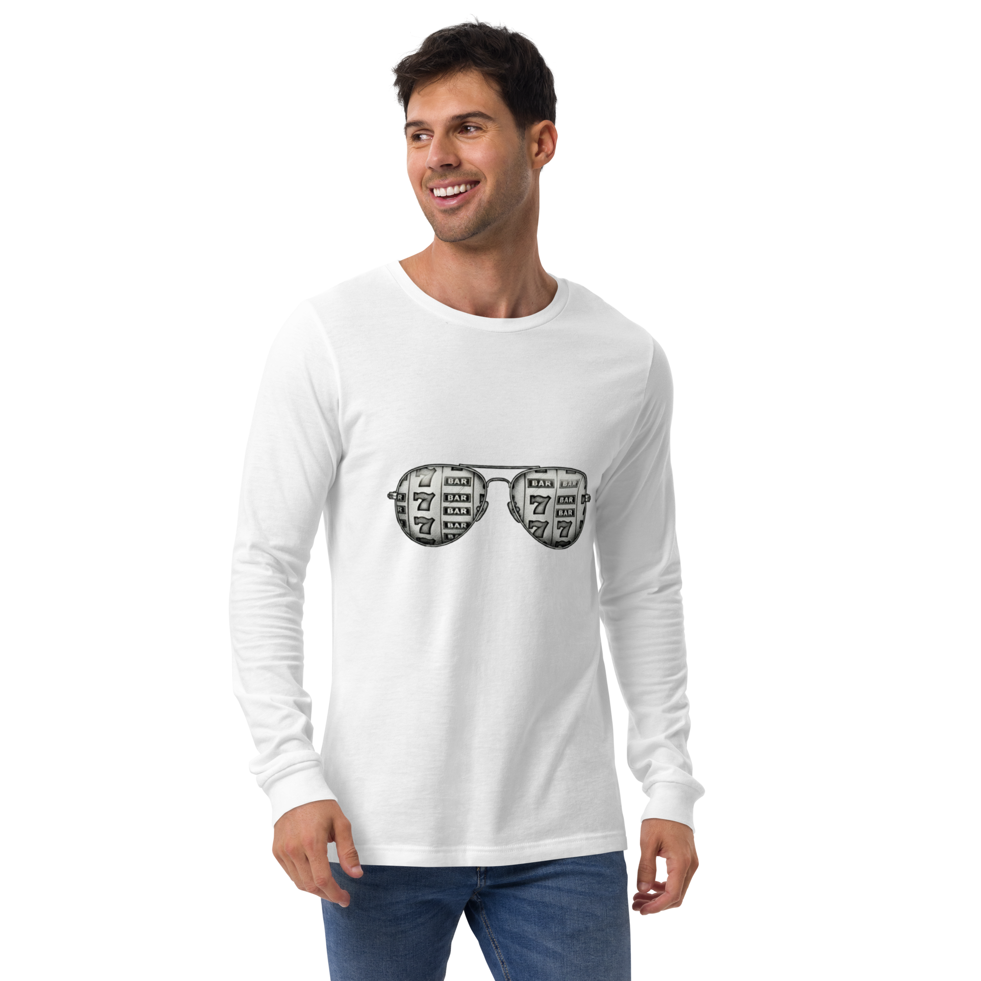 Man wearing white long-sleeve shirt with slot machine sunglasses graphic, perfect for casino lovers and players.